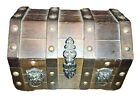 Wood Treasure Pirate Chest Bar Set 2 Amber Liquor Decanters 3 Shot Glasses Vtg