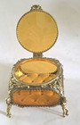 Vtg Jewelry Casket Box Ormolu Gold Filigree Beveled Glass 4-sided Amber W Cherub