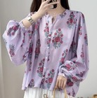 Fashion Women s Stripe Embroidered Floral Long Sleeve Shirt Gril Loose Tops 