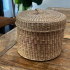 Vintage Handwoven Seagrass Storage Basket With Lid 5 5  Tall