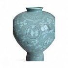 Vintage Korean Celadon Signed Maebyeong Green Cranes Vase 12 5   