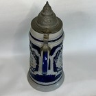 Vintage German Lidded Beer Stein    lindenwirtin    Blue Salt Glaze Stoneware 11 5   