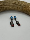 Vtg Sterling Silver Navajo Signed Rb Turquoise Coral Stud Dangle Earrings 