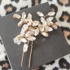 Gold Tone Clear Rhinestone Crystal Floral Flower Hair Pins Wedding