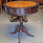Antique Round Brown Wood   Leather Side Table  2 Drawers  Single Pedestal  21 5 