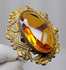 Antique Victorian Brass Long Hat Pin With Oval Amber Faceted Glass Stone 10-1 2 