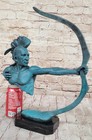 Signed American Indian Warrior Bronze Sculpture Art Figurine Statue Green Patina