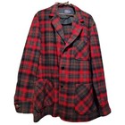 Vtg Pendleton Sport Unlined Wool Jacket Red Gray Plaid Leather Buttons Men s L
