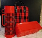Vintage Aladdin Plaid Travel Lunch Snack Carrier Bag Box Thermos Set Unused Nos 