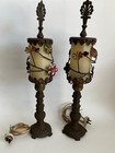 Pair Antique Art Deco Nouveau Floral Iron Mantel Candlestick Flickering Lamps