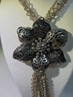 Antiqued Silver Tone Flower Tassel Statement Necklace Multi Chain