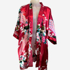 Wine Red Peacock Floral Satin Kimono Robe Jacket     Japanese Inspired Layer