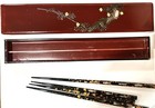 Vtg Chinese His   Hers Ornate Lacquerware Chopsticks In Wood Box Mop Inlay
