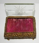 Antique Vtg Gilt Metal Filigree Beveled Glass Jewelry Watch Trinket Box Casket