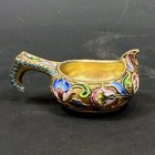 Antique Russian 84 Silver Enamel Gold Washed Small Kovsh Spoon Salt Semenova