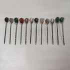 Vtg Mid Century 12 Cocktail Pick Holder Set Silver Plate Gemstone Prata 99 W box