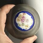 Beautiful Vintage Glass Vanity Jar Silver Toned Lid Porcelain Hand Painted Top