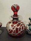  4  Antique Perfume Bottle Red Green Glass Silver Overlay Lot