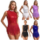 Women Sequins Tassel Latin Dance Dress Sleeveless Skirted Leotard Salsa Tango