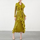 Women s Long Sleeve Lace Ruffles Long Dress Pleated Evening Party Occident Style