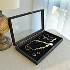 Wooden Jewelry Display Case Storage Box With Glass Top Lid And Black Velvet Pad