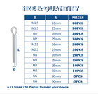 230pcs Cotter Pins Assortment Kit 304 Stainless Steel Split Pin 12 Sizes    