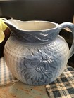 Antique Blue   White Stoneware Poinsettia  On Basket Weave Milk Pitcher