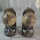 Vintage Globe Bookends Set  Marble   Metal  Brown Beige Silver  Heavy Base  2pcs