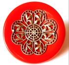 Delicious Xl 2   Vintage Button Glossy Cherry Red Bakelite W Brass Embellishment