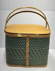 Vintage Hawkeye Burlington Green Woven Picnic Basket W  Rack  Metal Handles 70 s