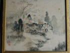 Vtg Framed Oriental Scene-house   Water Wheel-watercolor  Print -signed-biltmore