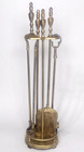 Vintage 5 Pc Brushed Brass Fireplace Tool Set   Stand 28  Neoclassical Globe