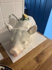 Ceramic Pig Soup Tureen W  Lid   Green Leaves lemon On The Lid Glossy