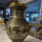 Chinese Cloisonne Vase With Dragon  Brass Handles  Blue Gold Red Black