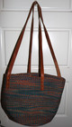 Vintage Green Blue Orange Sisal Bag Tote Market 80s 90s Woven Tan Leather Straps