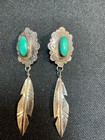 Signed Jl Native American Sterling Silver Turquoise Feather Post Earrings 7 5g