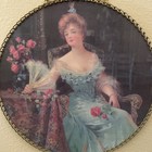 Antique Glass Chimney Flue Cover Lady W  Roses   Fan Print Chain Frame 9   