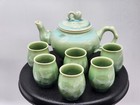 1960   s Excellent Celadon Chinese Tea Set Teapot 6 Cups Real Jade Color
