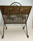 Vintage Green   Gold Metal Elephant   Palm Tree Foldable Magazine Rack 19 In 