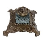 6  Antiqued Brass Owl Inkwell Stand With Glass Inkwell  Antique Reproduction