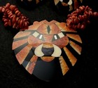 Vtg Lee Sands Lion Mosaic Coral Necklace Earrings Set 1970s 80s Statement Leo   s