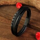 Men s Multilayer Braided Stainless Steel Beads Leather Bracelet Magnetic Bangle