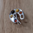 Sterling Silver   Amber  Artist Paint Pallet  Multi Color Stone Brooch Pin 925