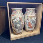 Japanese Ko Satsuma Samurai Design Vases Pair With Wood Box 25 5cm