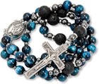 Men s Blue Tiger Eye Rosary With Lava Beads Cross   Miraculous Medal