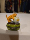 Vintage Ceramic Cat goldfish Trinket Box With Inner Fish Trinket
