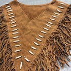 Vintage Suede Fringe Poncho Genuine Leather Western Boho Cape Bone Beaded