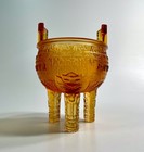 Chinese Amber Peking Glass Tripod Censer With Handles   Raised Design