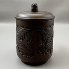 Yixing Chinese Purple Clay Tea Cup With Lid Carved Dragon Foo Dog Coffee Mug