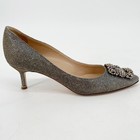 Manolo Blahnik Hangisi Glitter Silver Gold Fabric Crystal Buckle Pumps It 37